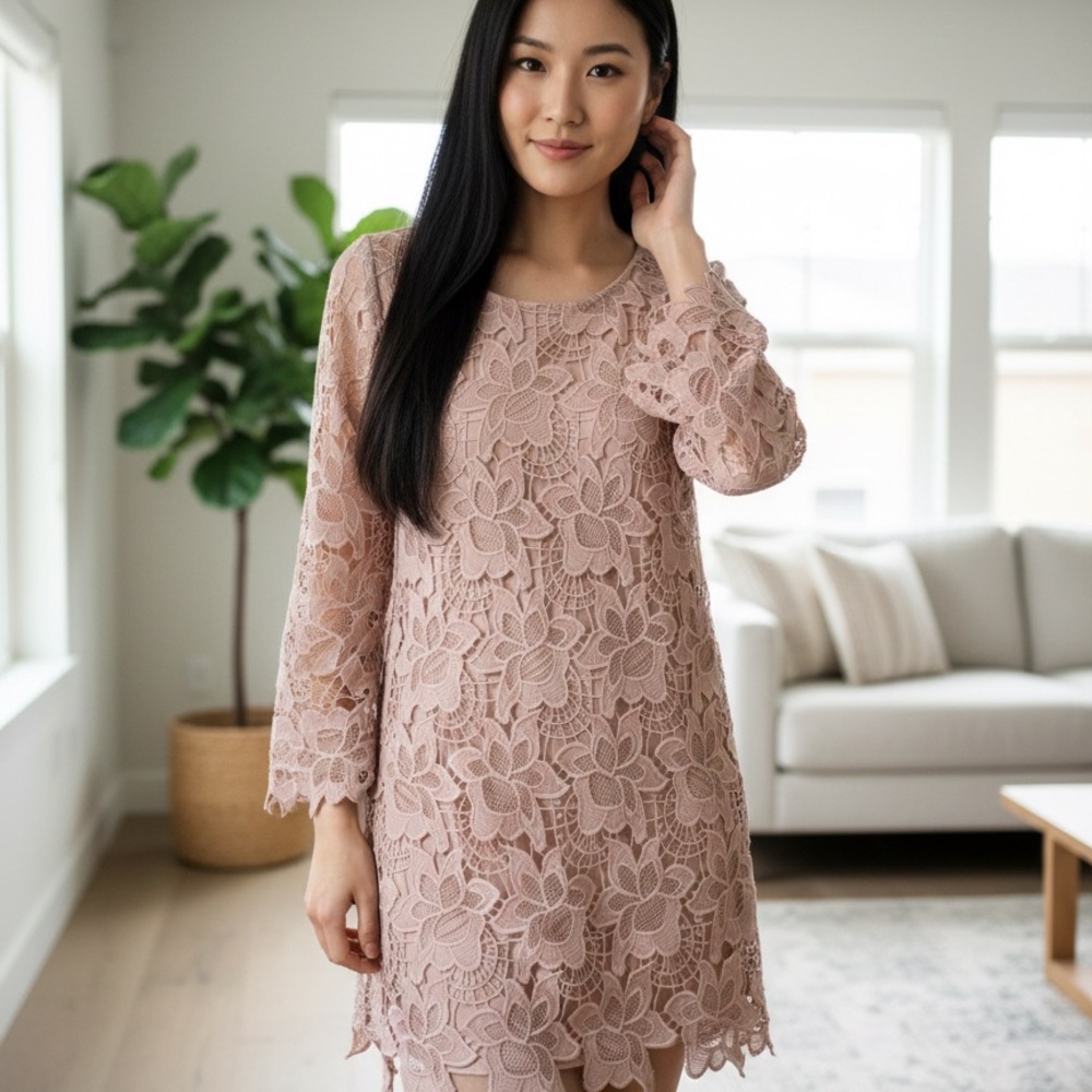 Elegant Lace Floral Dress in Pink